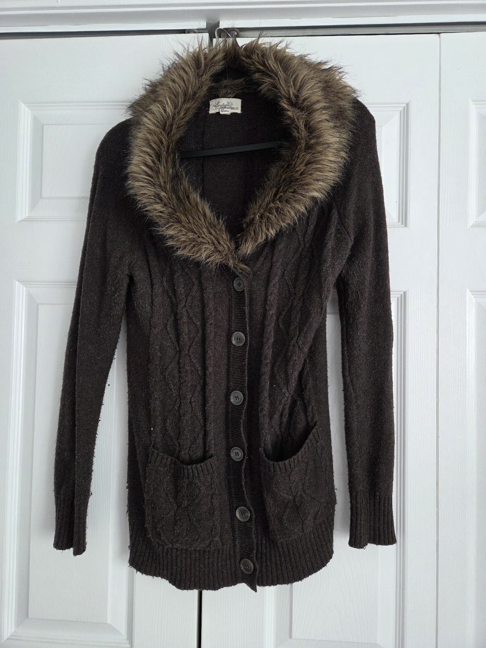 Forever 21 Cable-Knit Cardigan Sweater Brown Faux Fur Collar Button Front M